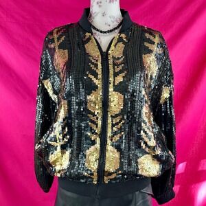 Vintage Gold Black Sequin Beaded Silk Bomber Jacket Small Party NYE Holiday Glam